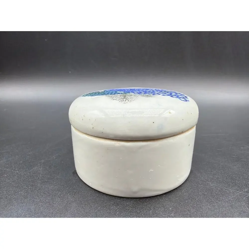 Vintage Taiwan Porcelain Trinket Box Blue Floral Lidded Jewelry Vanity Box 3”